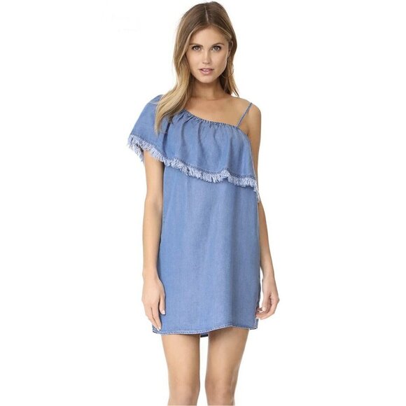 NWT Splendid Indigo Chambray One Shoulder Fringe Boho Mini Dress - Picture 1 of 15